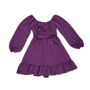 Purple long sleeve dress with bow at back and ruffle at hem, polyester, size M.